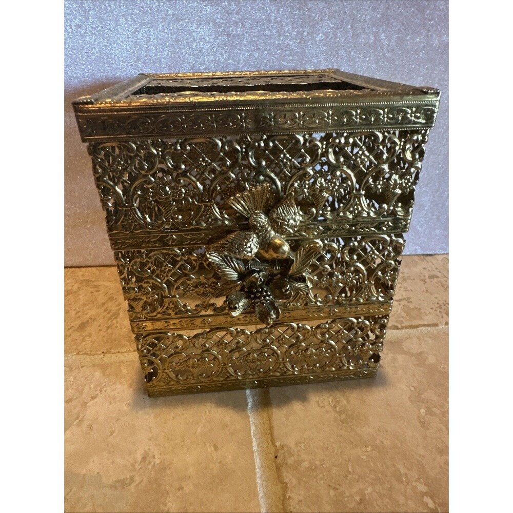 Gold Tissue Box Cover Hollywood Regency Stylebuilt Metal Filigree Vintage